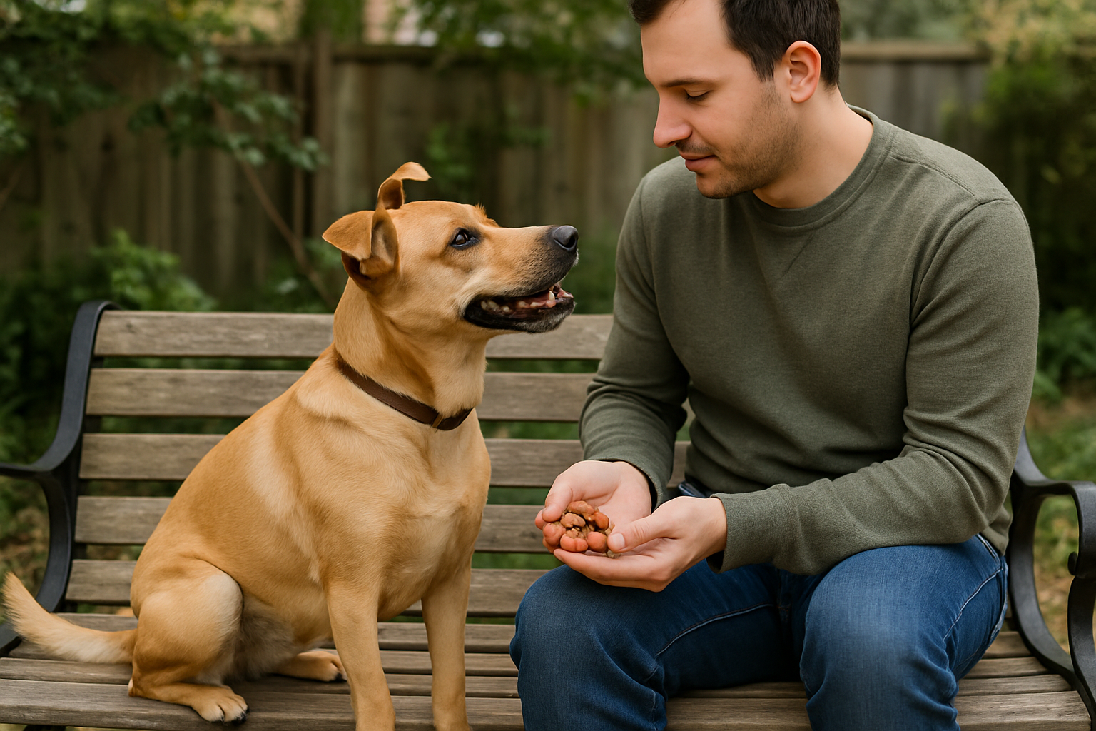 A dog and owner sitting calmly on a garden bench. The dog is relaxed with a slightly wagging tail, perking ears, and a soft focus on the handler holding treats.